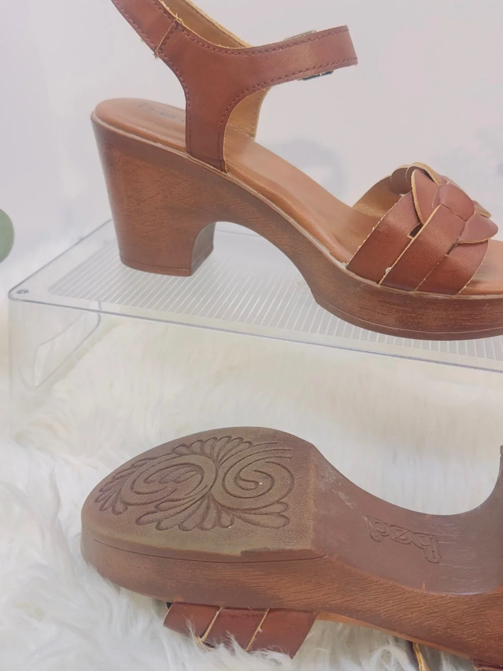 b.o.c. Brown Leather Wedge Sandals with Braided Front
